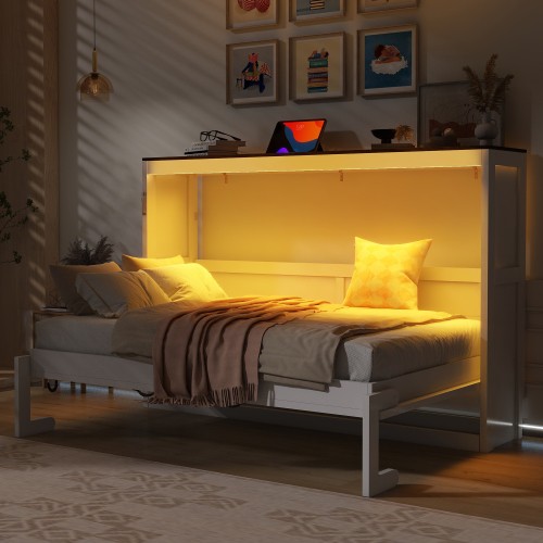 Twin Size Murphy Cabinet Bed with LED Solid Wood Hidden Wall Bed Platform Frames gallery