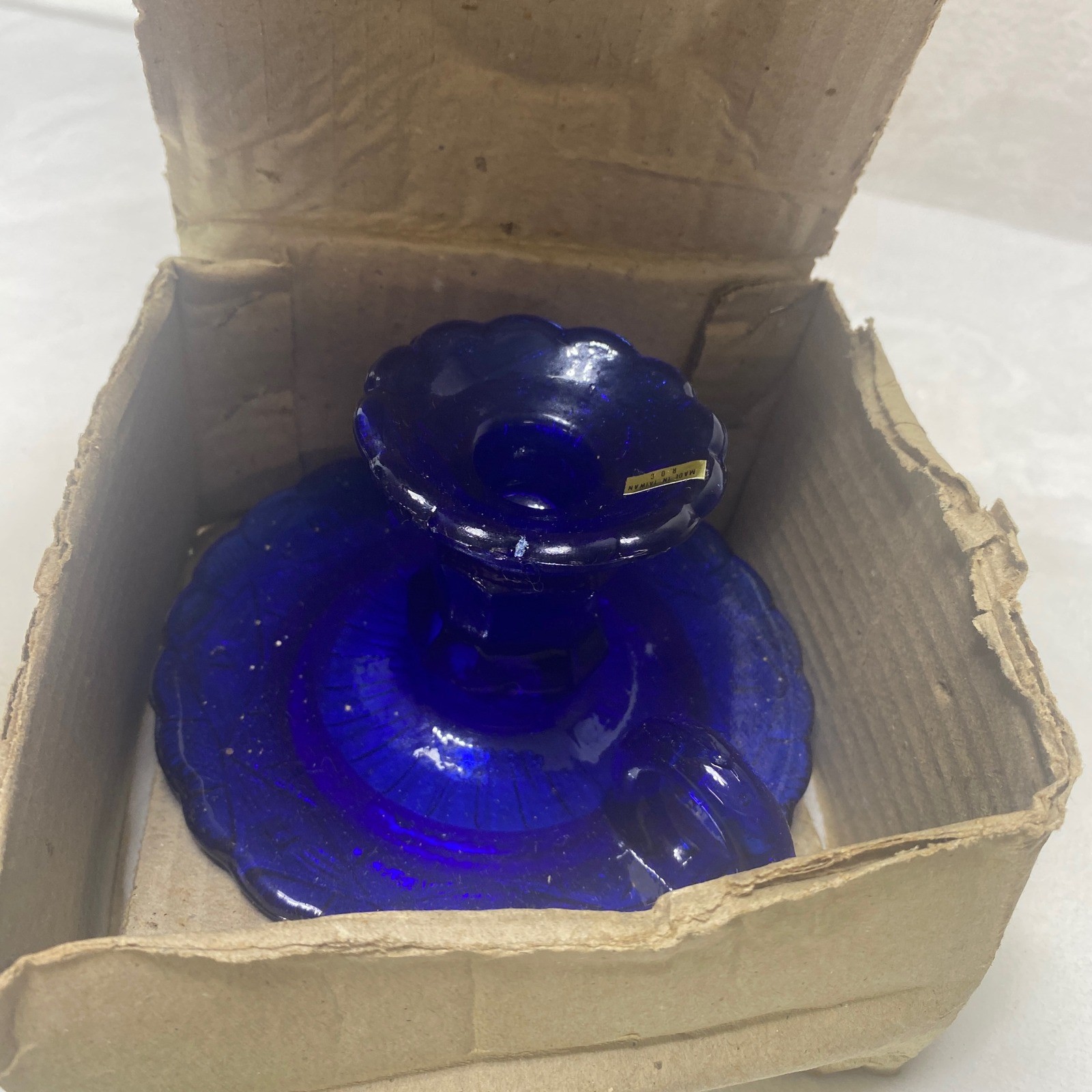 VTG Heisey Cobalt Blue Glass Candlestick Holder Handle Embossed Floral Design gallery