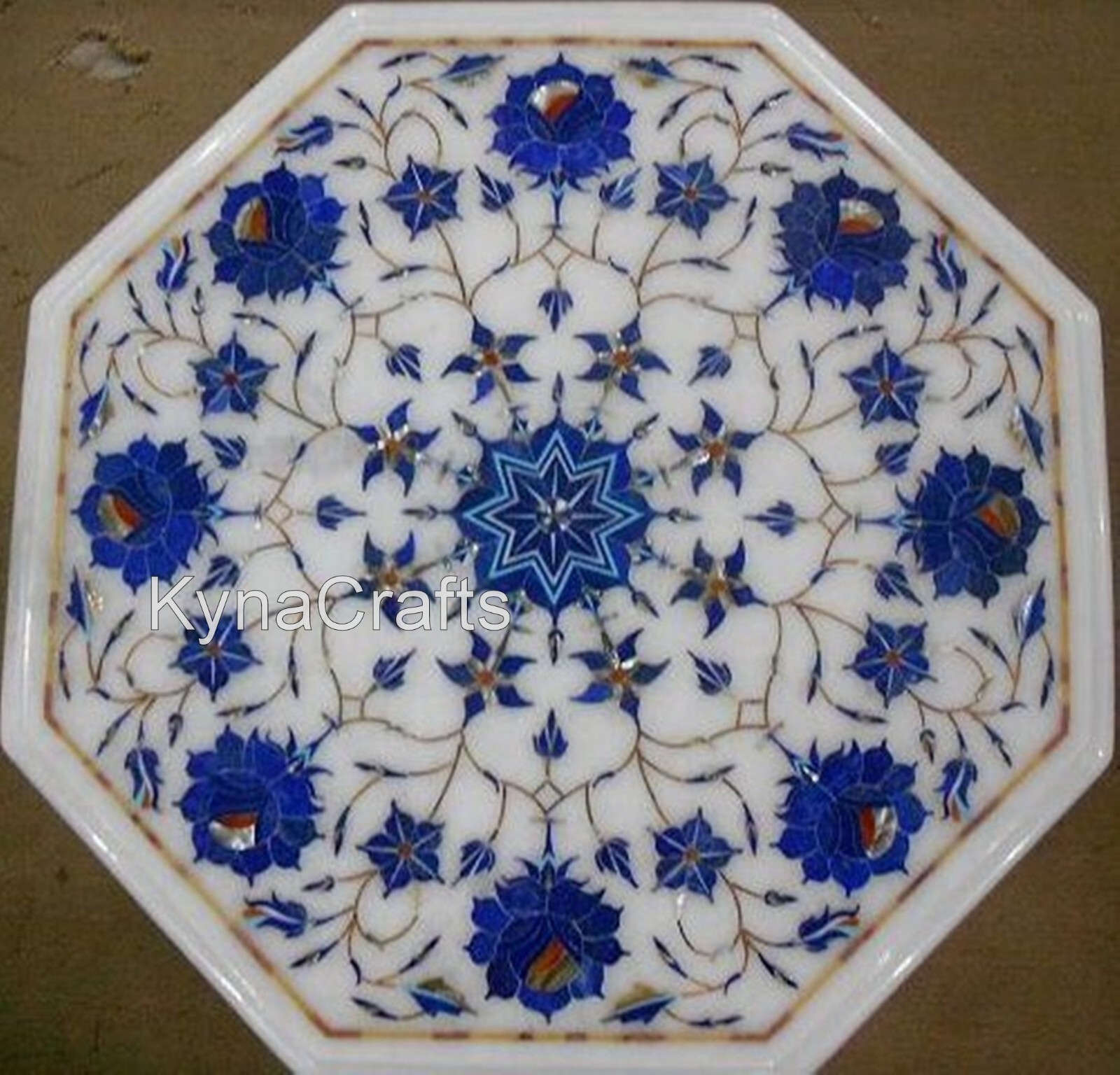 Octagon White Marble Coffee Table Top Lapis Lazuli Stone Inlay Work Indoor Table gallery