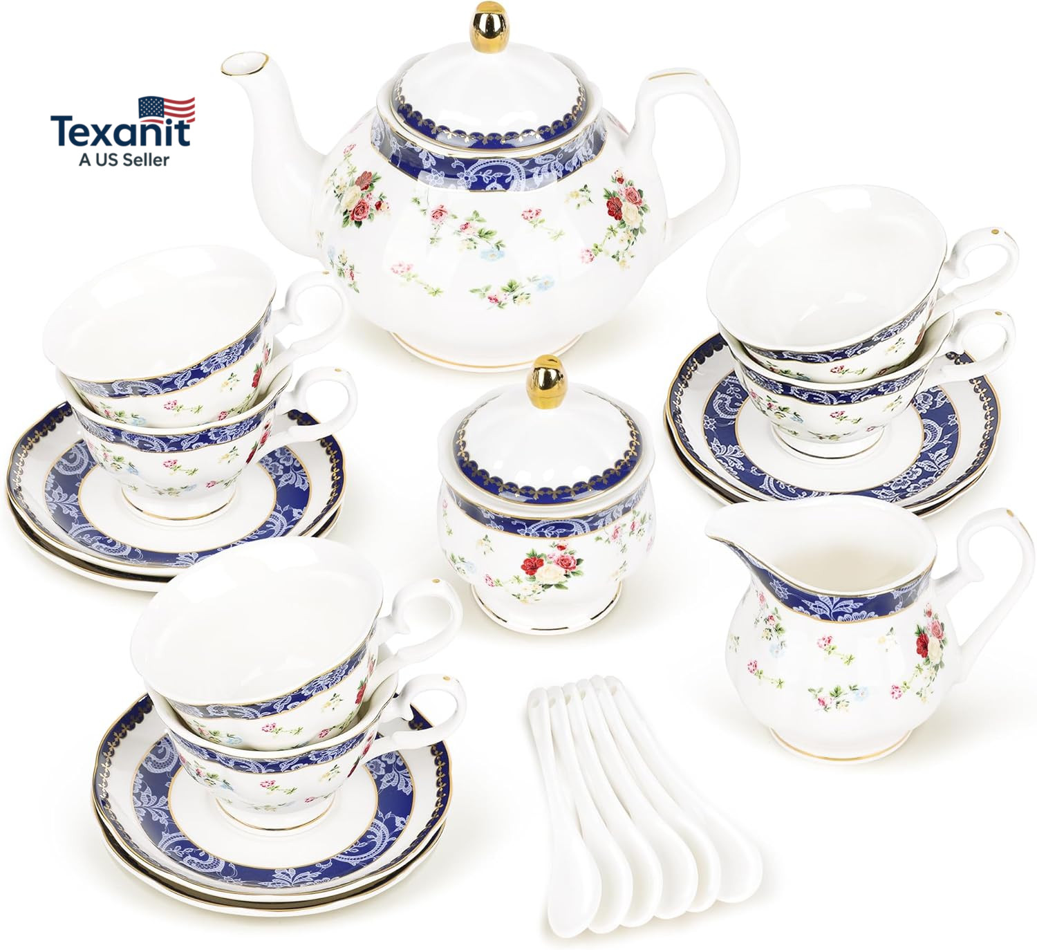 Bone China Tea Sets for Adults, 21-Piece Blue Lace and Roses Porcelain Tea Servi gallery