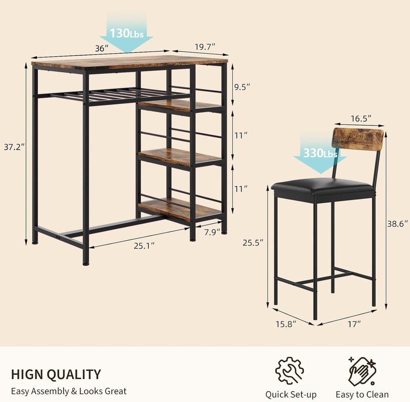 3PCS Dining Table Set w/ 2 Upholstered Bar Stool Wine Rack Kitchen Dining Room gallery