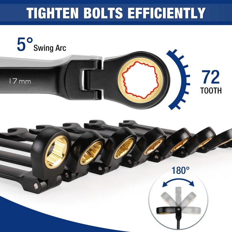 WORKPRO 8PC Flex Head Ratcheting Wrench Set Metric 8-17mm Anti-slip Set 72-Teeth gallery