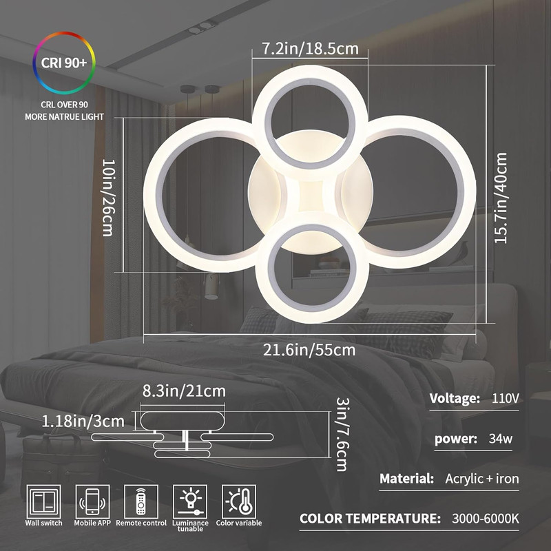 Shine LUEST 34W LED Ceiling Light with Remote, 3000-6000K Dimmable Modern Flush gallery