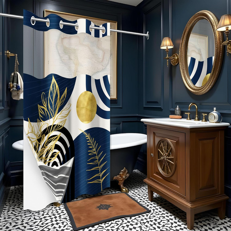 Boho Mid Century Modern Hookless Shower Curtain with Snap in Liner, Navy Blue an gallery