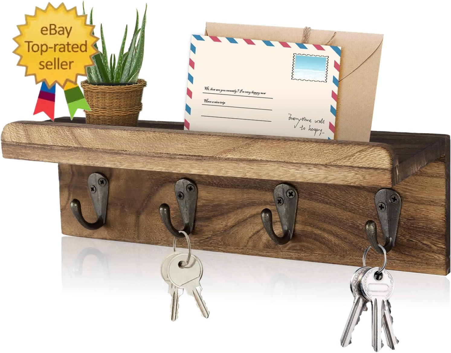 Rustic Key Holder for Wall, Farmhouse Wall Shelf with 4 Hooks, Wall Mounted Key gallery