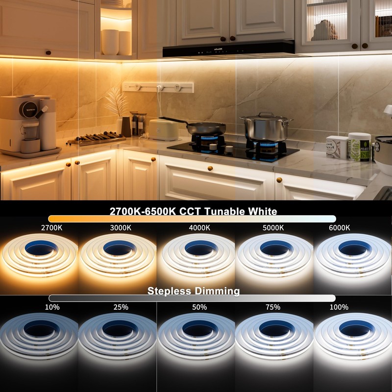 CCT COB LED Strip Light Tunable White,20ft/6.1m Dimmable 2700K-6500K CRI90+ 2... gallery