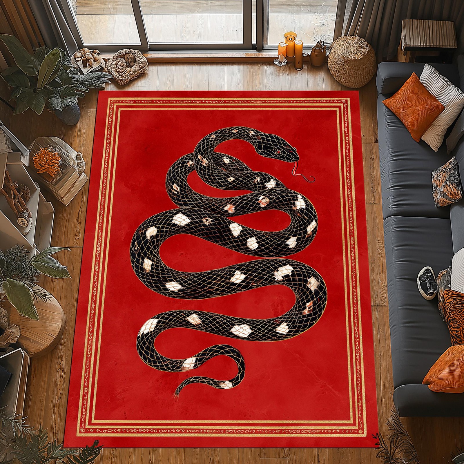 Crimson Serpent Rug Checkered Snake Red Gold Frame Gothic Decor gallery
