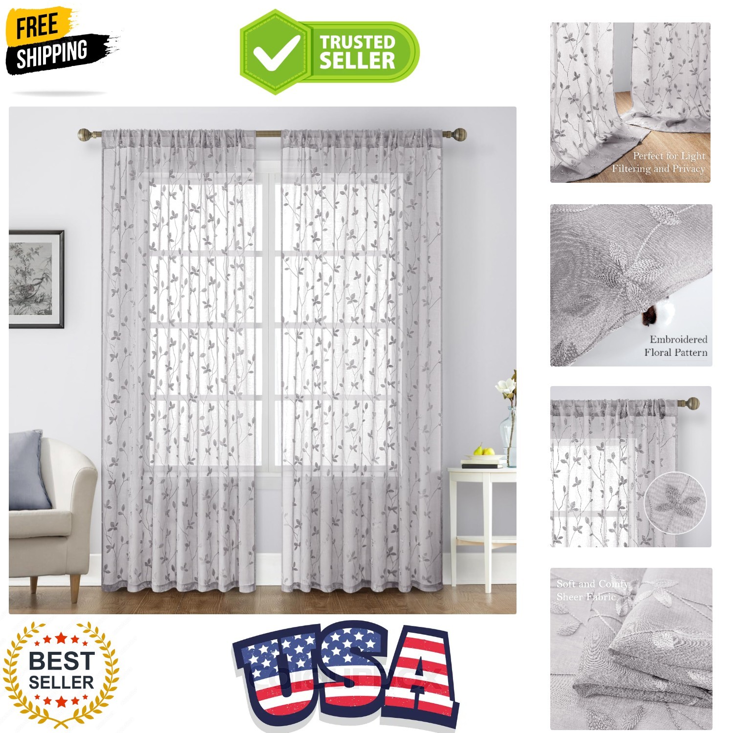 Light Grey Sheer Curtains 52 X 84 Inches Length 2 Panels Embroidered Vine Flo... gallery
