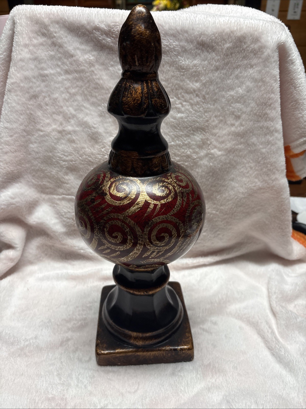 Antique Style Ceramic Finial Figurine, Bronze Burgundy Gold, Leaf Motif Maroon gallery