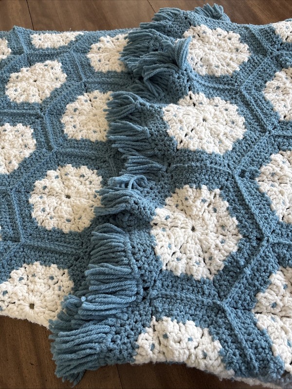 Handmade Crochet afghan Hexagon Pattern Blue and White. 47in. x 72 Granny Core gallery