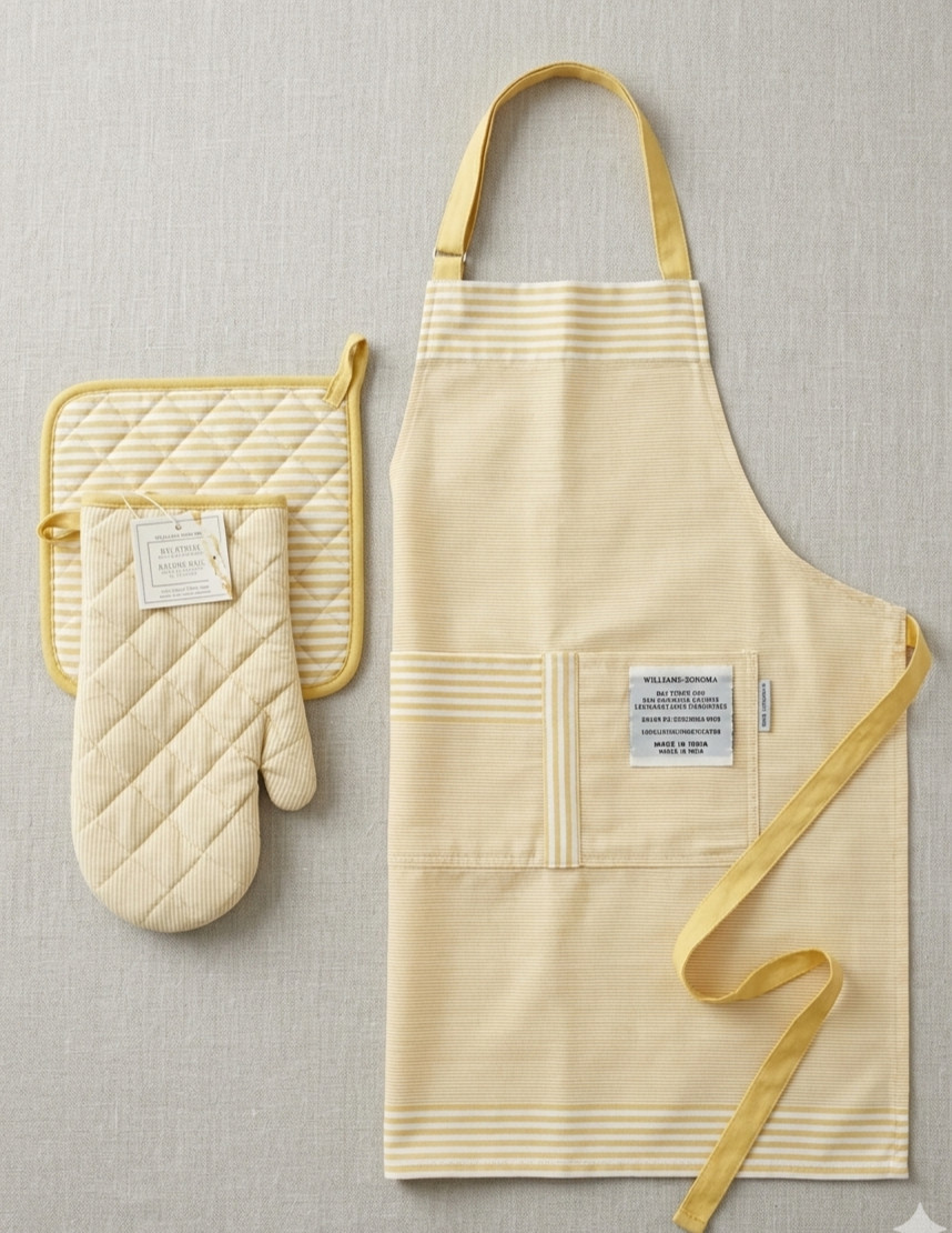 Williams Sonoma Bay Stripe Kitchen Apron & Mitt/Potholder Set Jojoba Yellow New gallery