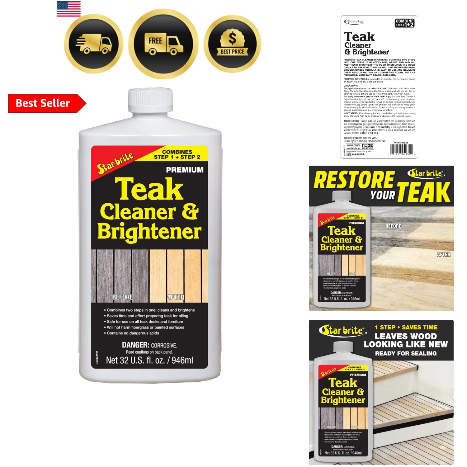Teak Cleaner & Brightener, Restore Weathered Wood, 32oz gallery