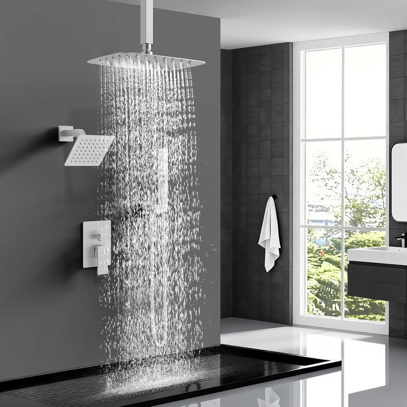 12" Ceiling Mount Rainfall Shower System Faucet Set with 2 Rain Shower Heads gallery