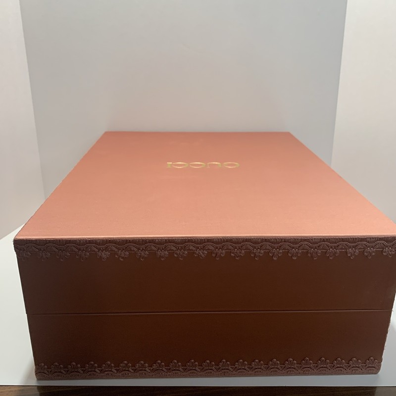 Pink Gucci Display Empty Box With Quilted Green Interior 19x15 Inches Height 7” gallery