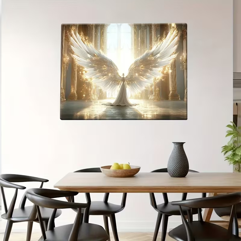 Framed 24x36 Angelic Figure in Grand Hall – Glowing Wings Divine Fantasy Wall Ar gallery