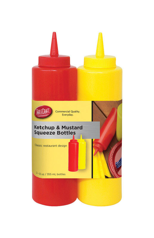 Tablecraft 112KM Red/Yellow Polyethylene Ketchup and Mustard Dispensers 24 oz. gallery