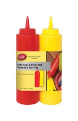 Tablecraft 112KM Red/Yellow Polyethylene Ketchup and Mustard Dispensers 24 oz.