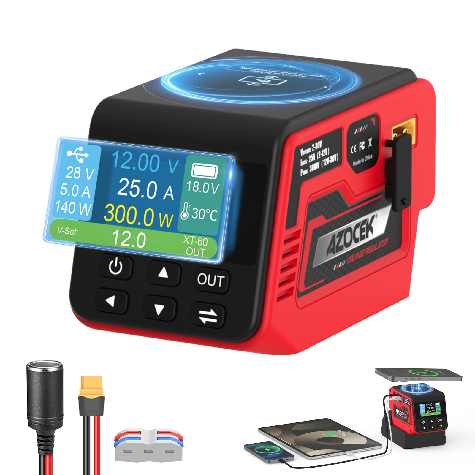 Azocek 300W Adjustable Voltage Regulator Compatible with Milwaukee 18V Red gallery