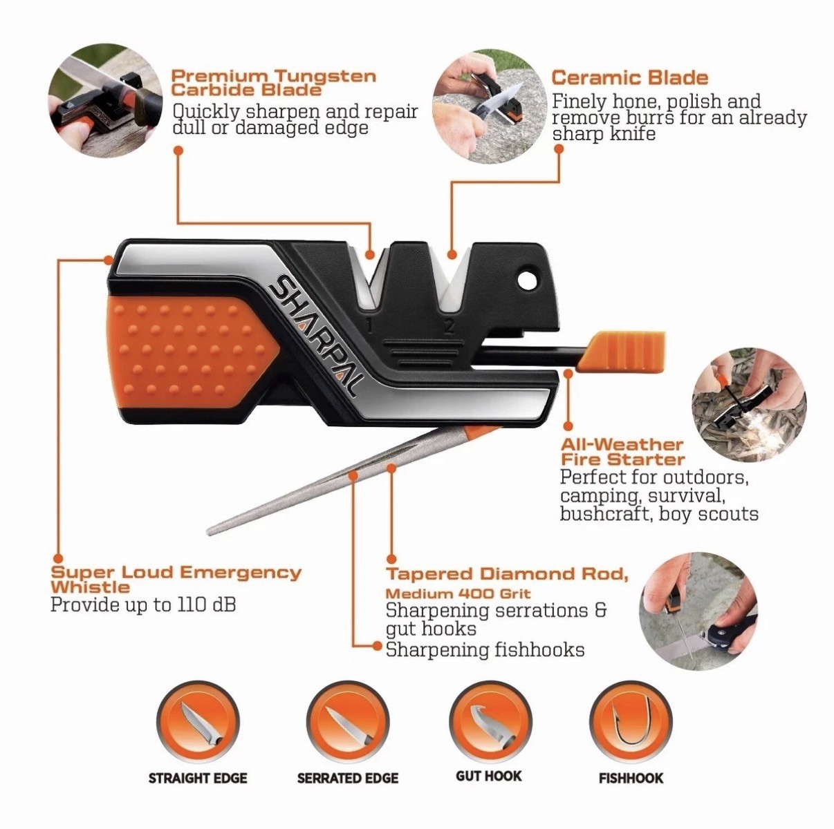 SHARPAL 6-In-1 Pocket Knife Sharpener&Survival Tool, with Fire Starter, Whistle gallery