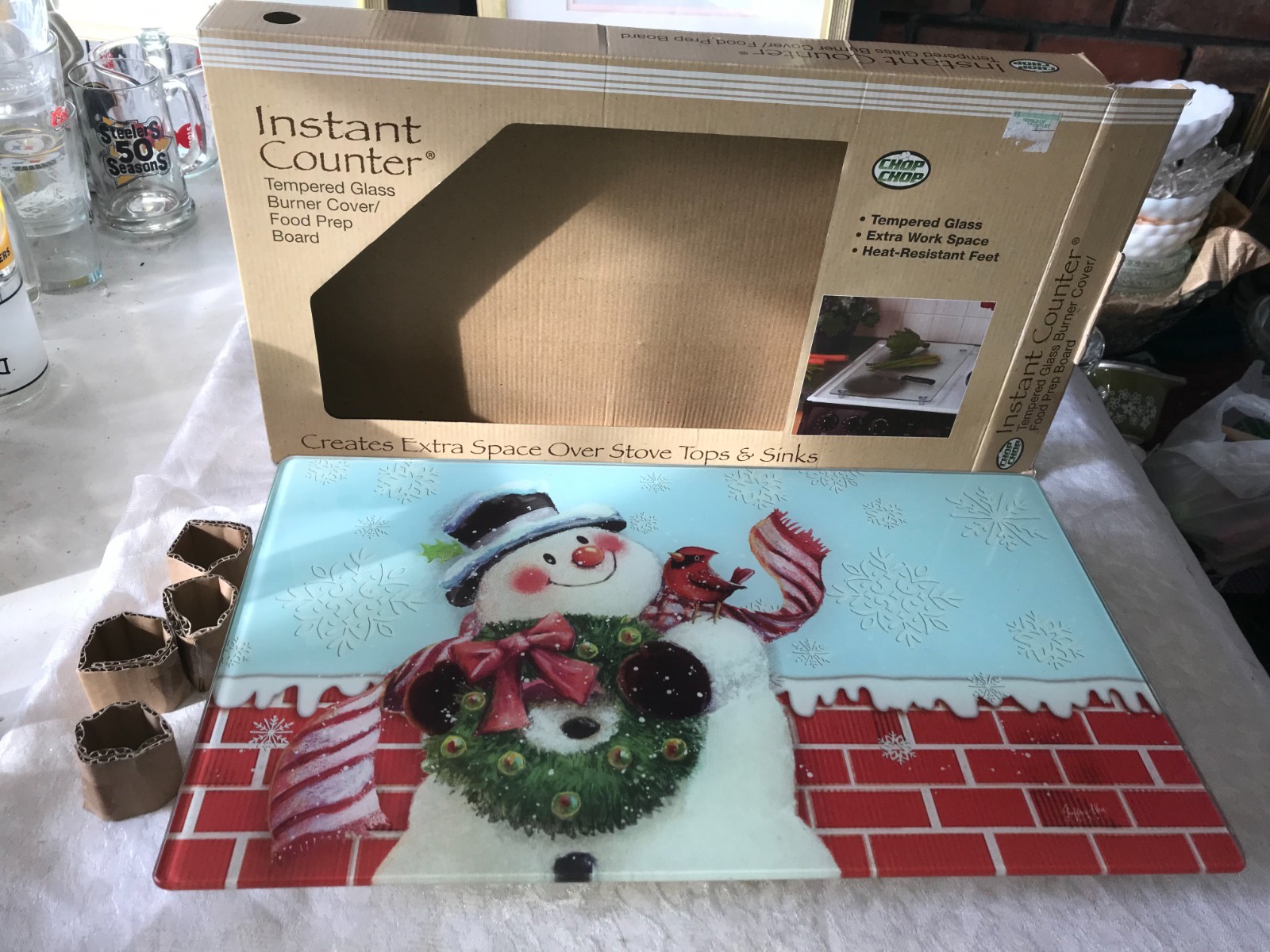 Rare INSTANT Chop COUNTER Allen SNOWMAN Temper GLASS Burner COVER Cutting BOARD gallery