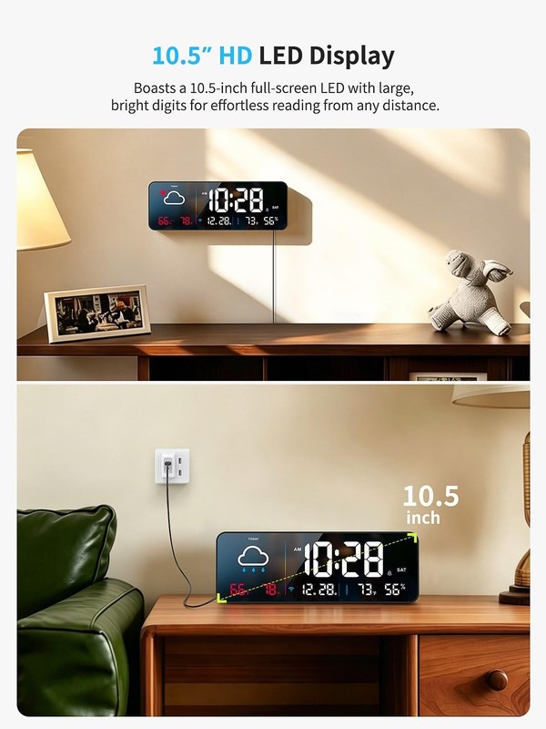 Large Digital Wall Clock with Auto-Sync, LED Alarm, Weather & Temp Display gallery