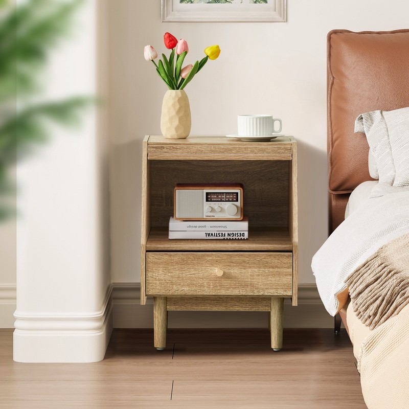 Brown Bedside Table Nightstand with Pull&Push Drawer P2 Grade Engineering Wood gallery