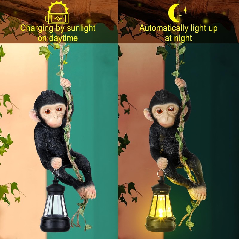 Solar Light Outdoor Monkey Statue Black 7.48 Inch Resin Chimpanzee Climbing gallery