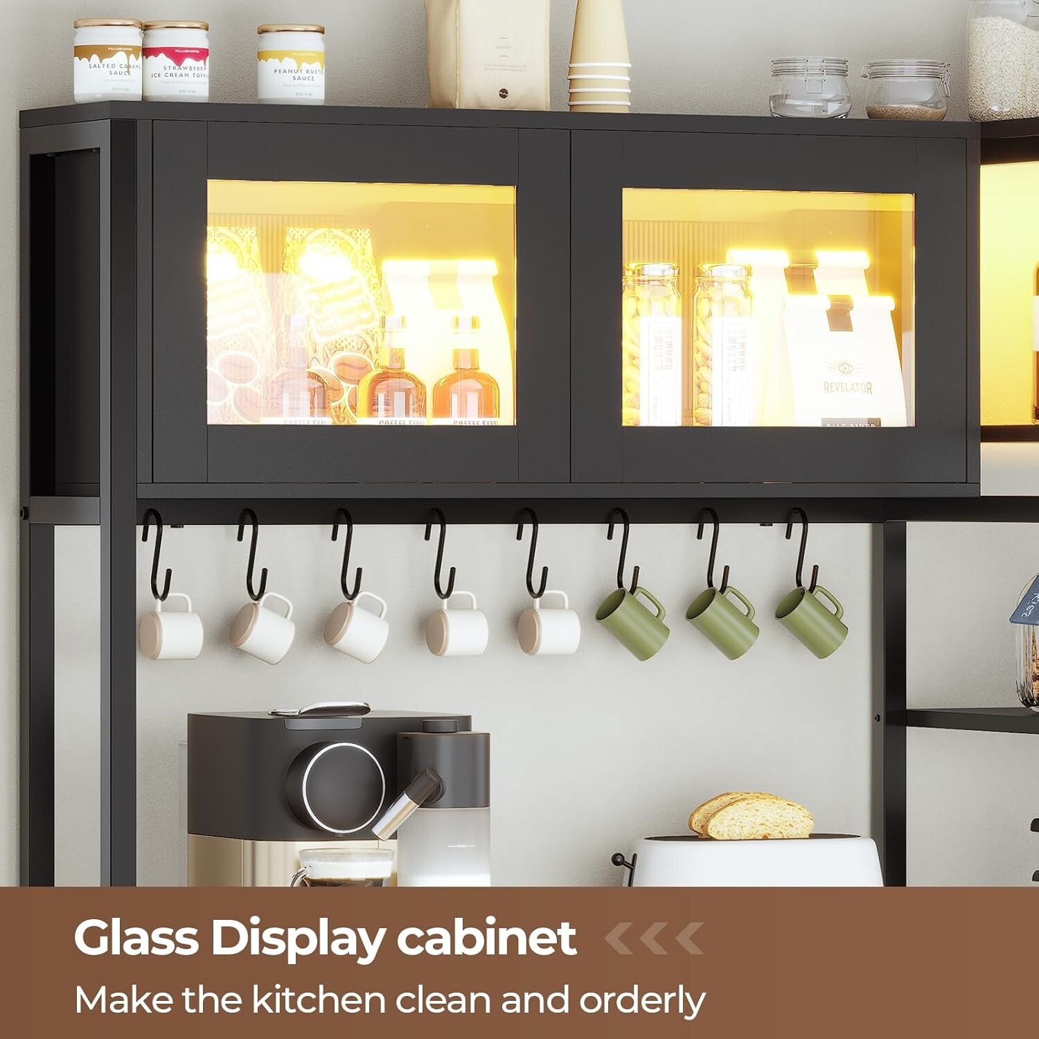 Bakers Rack with Power Outlet, 8 Hooks & LED Light, Farmhouse Coffee Bar Cabinet gallery
