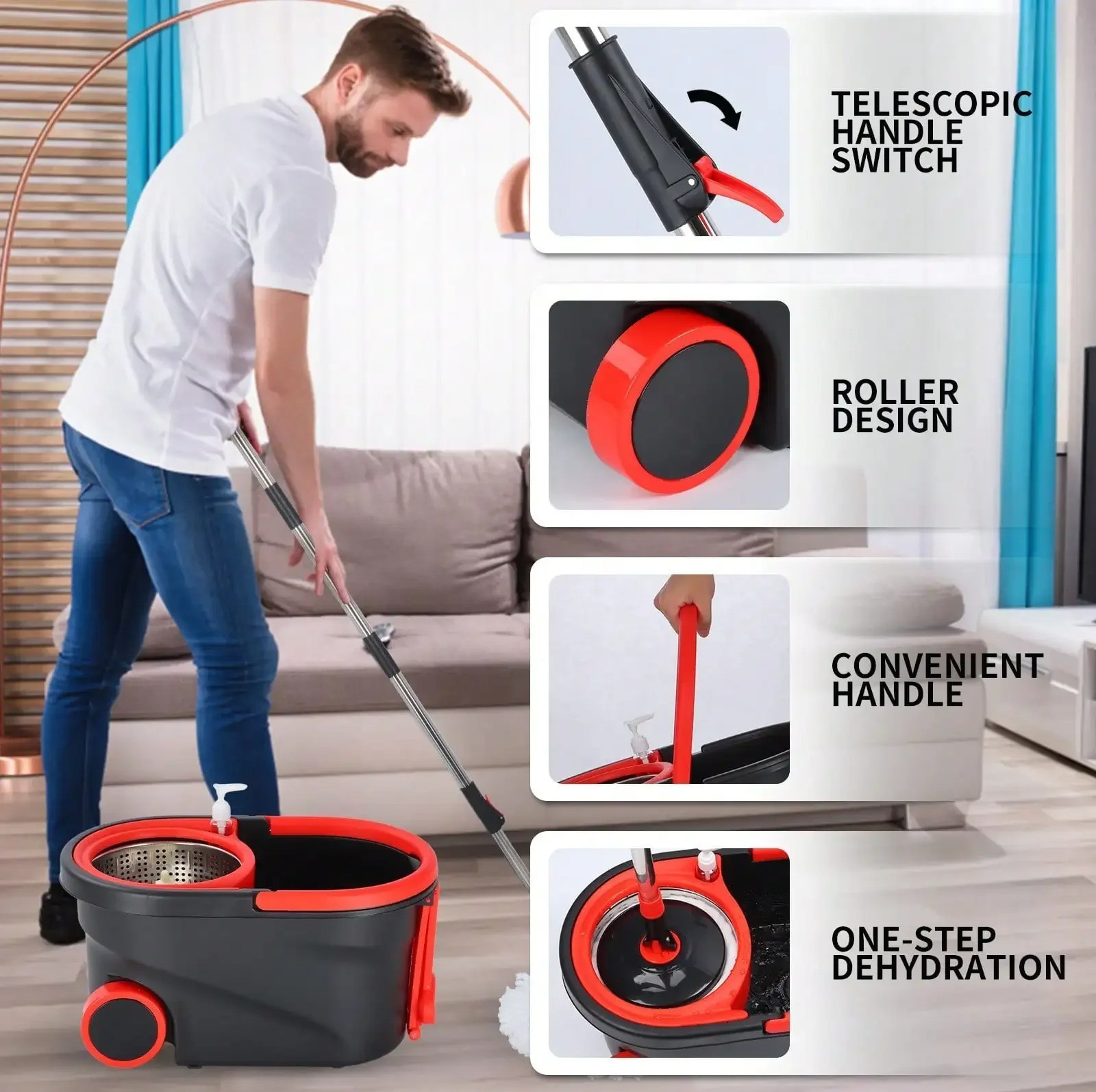Heavy Duty Rolling Spin Mop Bucket Set Wringer 3 Heads Adjustable Handle HomeUse gallery
