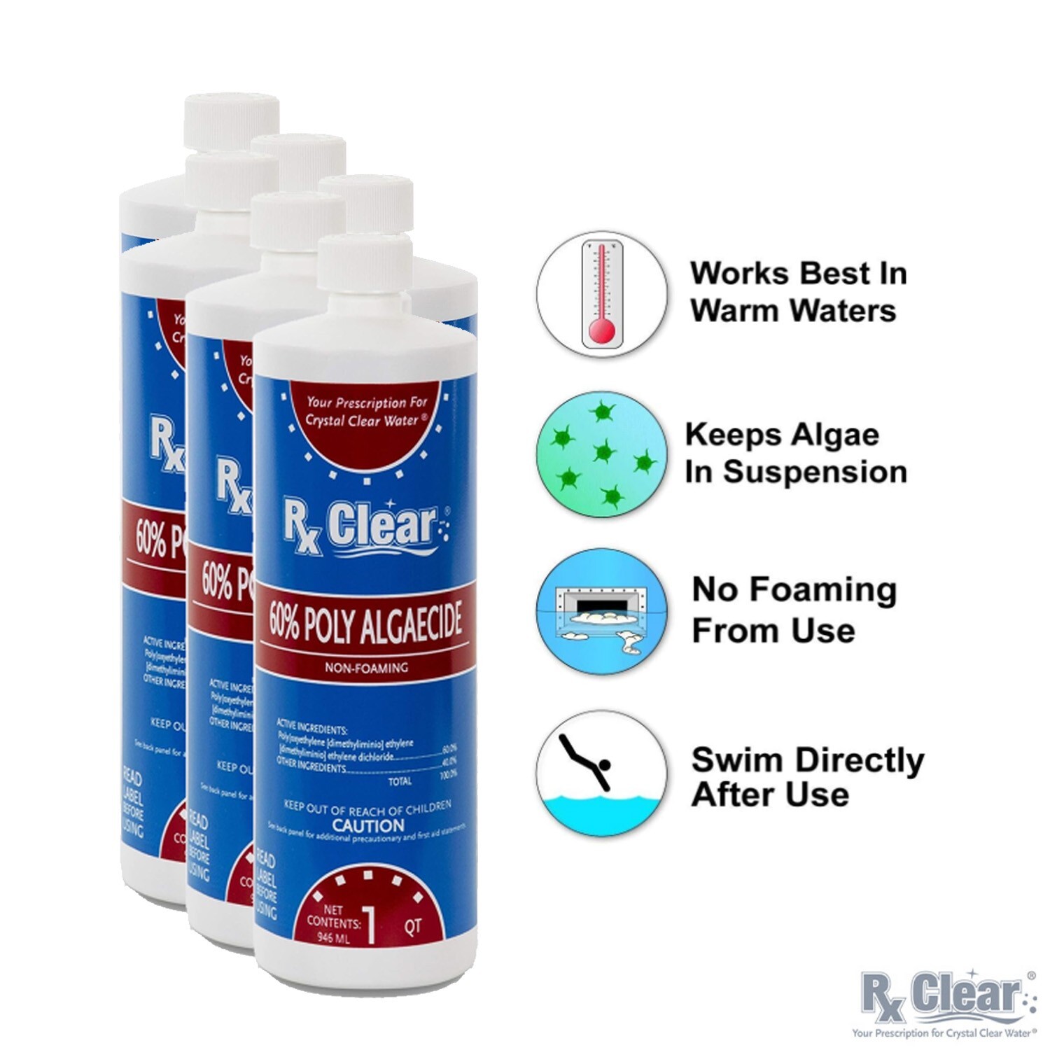 Rx Clear Swimming Pool 60 Plus Prevents Algaecide Chemical - 6 x 1 Quart Bottles gallery