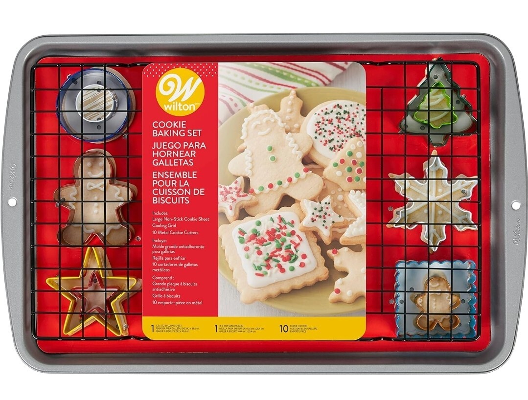 Wilton-Cookie Christmas Baking Gift Set 12 Piece Pan, Cooling Rack Sheet Cutters gallery