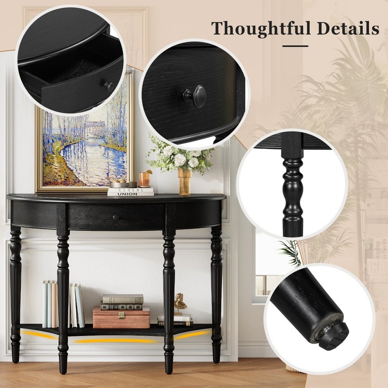 Side table with drawers, shelves, and metal drawer handles gallery