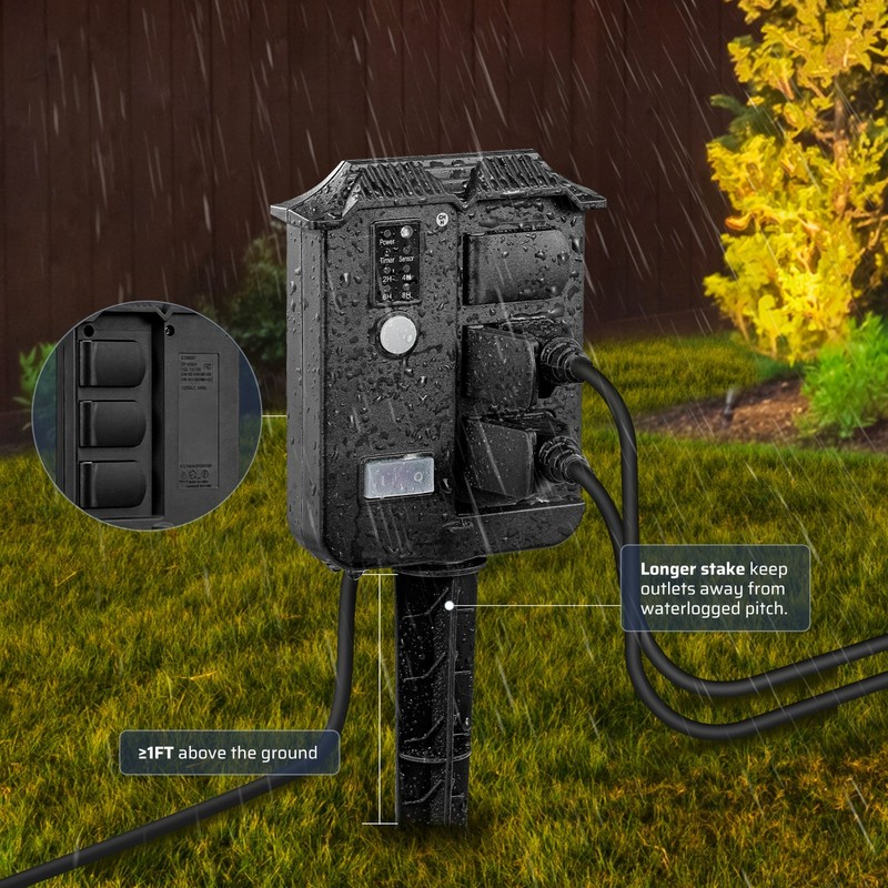 DEWENWILS Outdoor Power Stake Light Timer w/ 6 Grounded Outlets, 13A 1625W, 6ft gallery