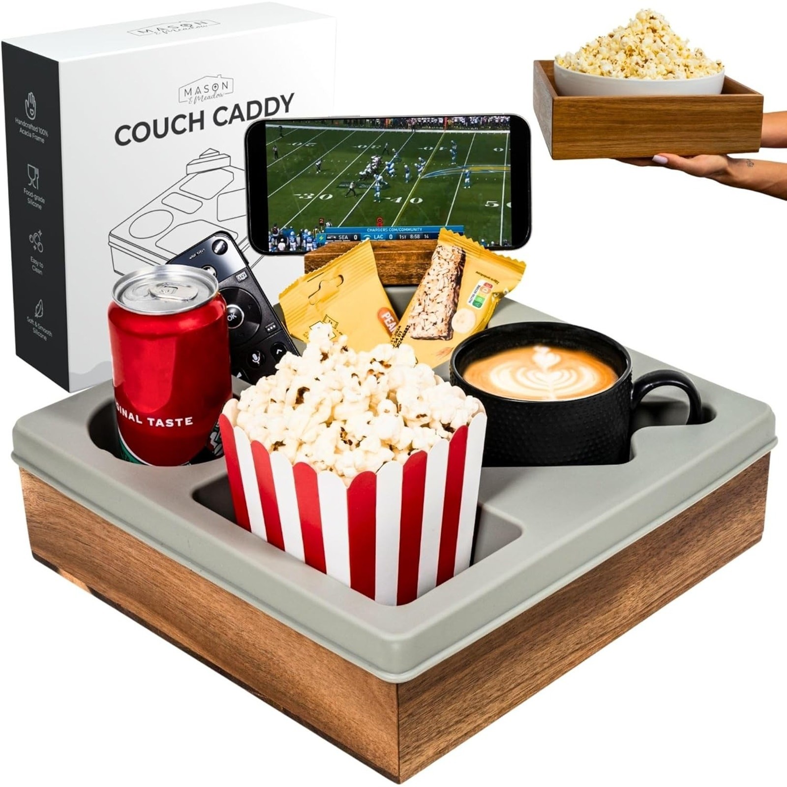 Mason & Meadow Couch Caddy Silicone Lined Acacia Wood NIB gallery