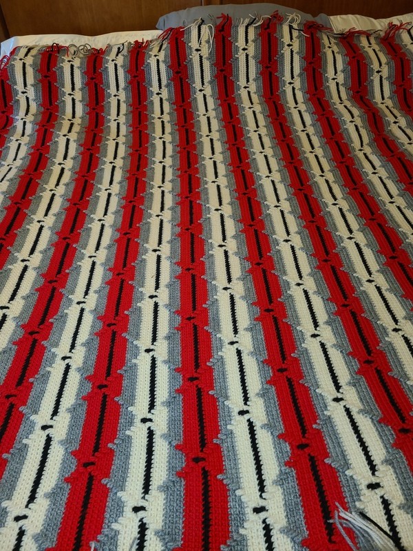 Handmade Crochet Extra Large Afghan Blanket Bedding. Red, Black, Grey, White. gallery