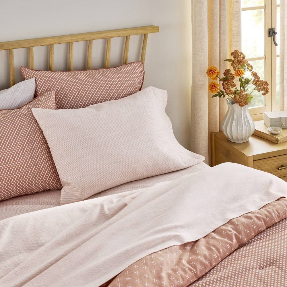 4pc King Micro Stripe Sheet Set Rust - Hearth & Hand with gallery