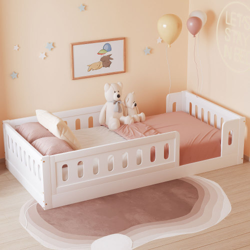 Twin Size Floor Bed Frames with Guardrail Platform Bed for Kids Bedroom Playroom gallery