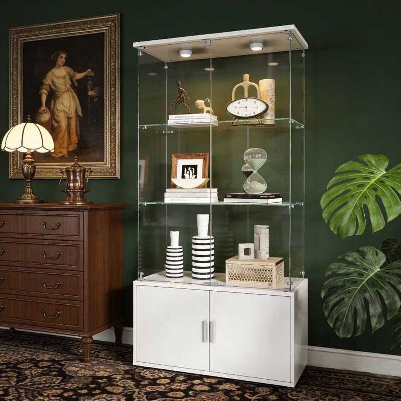 Double-door Display Cabinet with Glass Doors, Curio Cabinet Drawers & LED Lights gallery