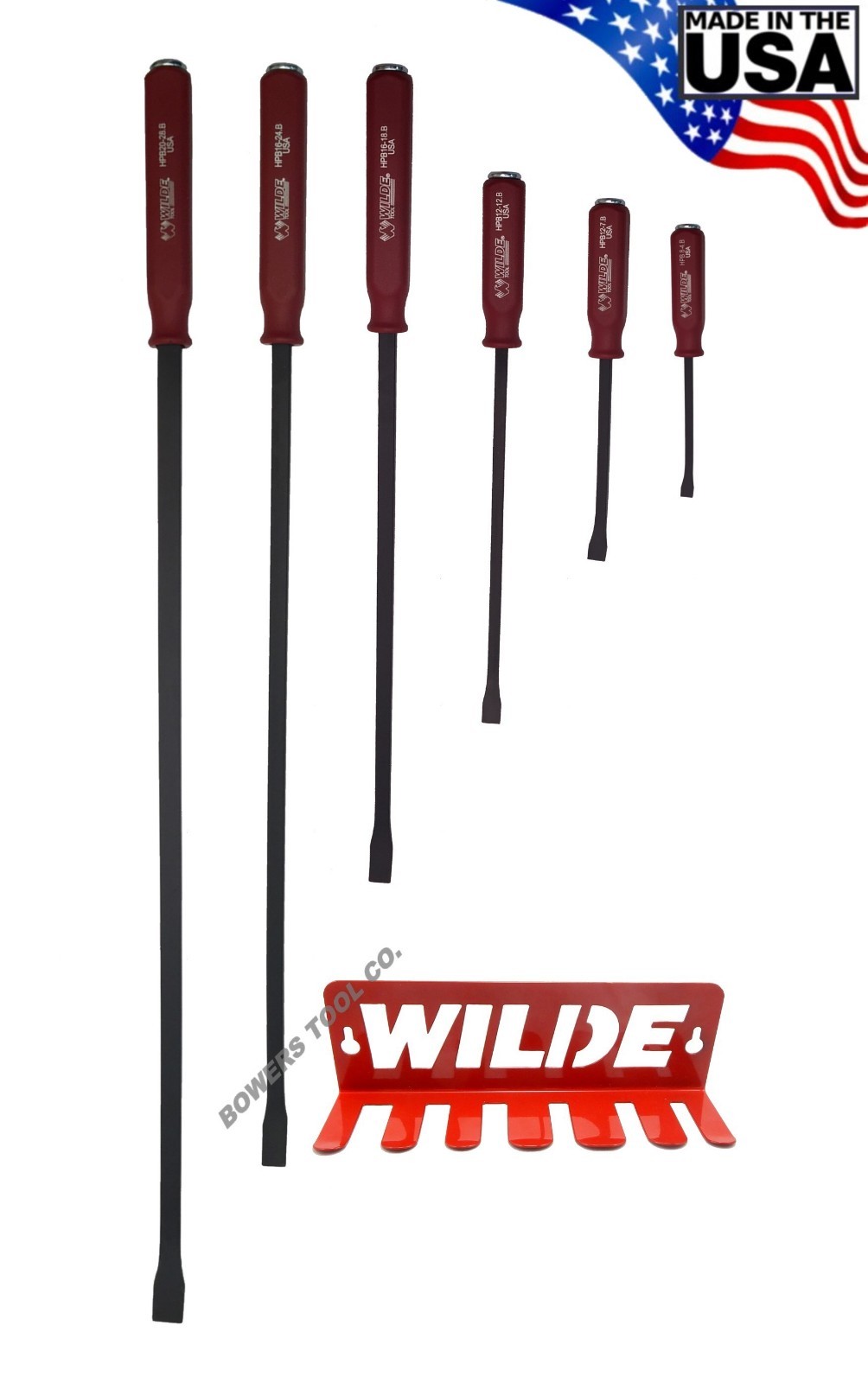 Wilde 6pc Pry Bar Set Hard Cap Hammer Strike Handle 8-36" Steel Rack Made in USA gallery