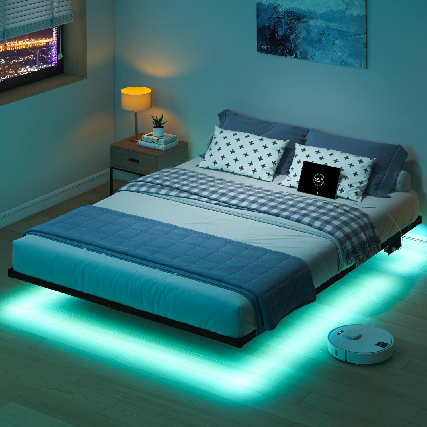 Queen Bed Frame with LED Lights & Charging Station Floating Platform No Box Spri gallery