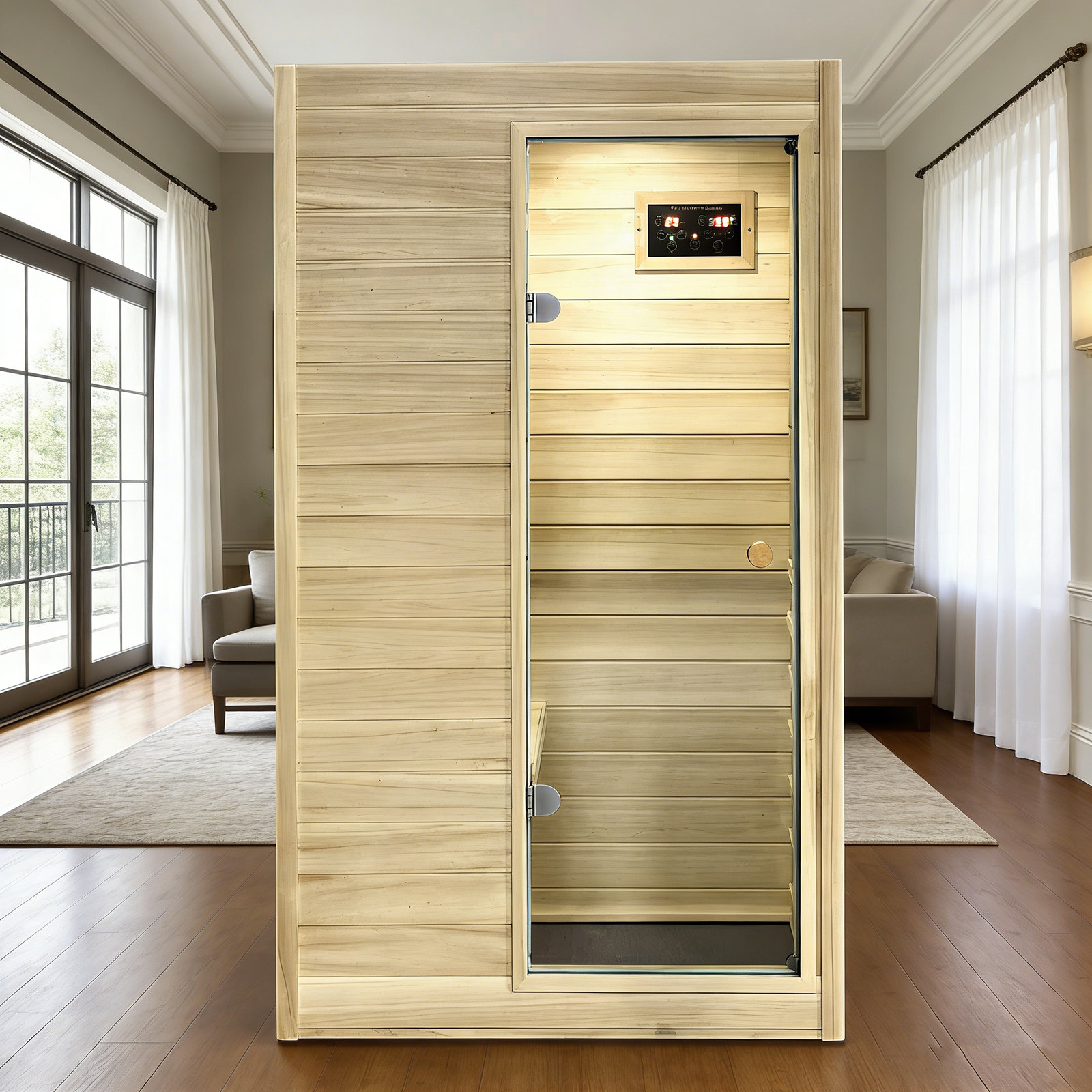 Mini Far Infrared Sauna Right Door Open Poplar Wood Saunas for 1Person 905W gallery
