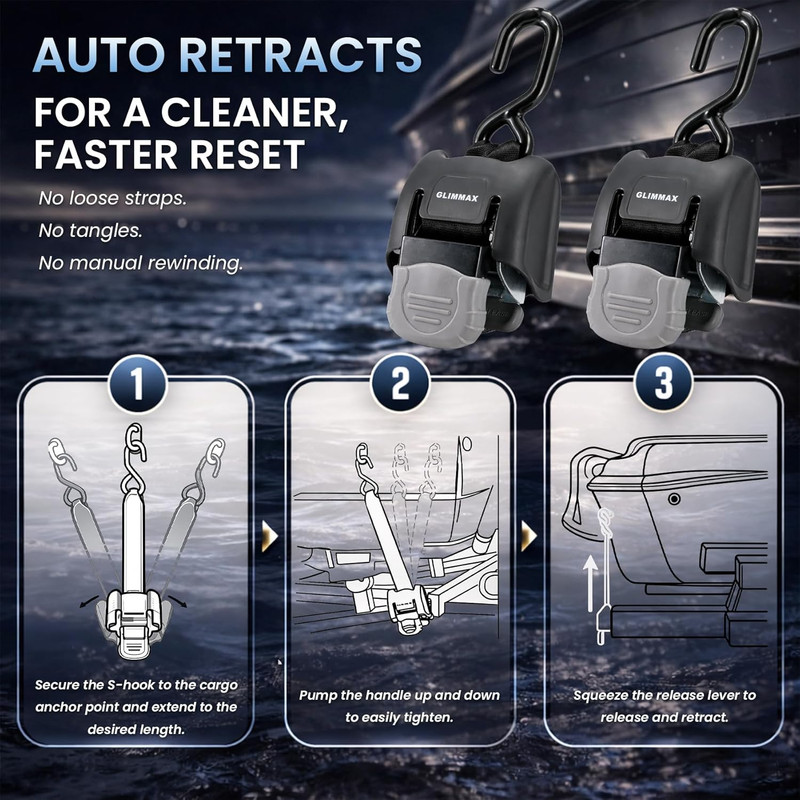 Retractable Boat Transom Tie down Straps, 2X43 Inch 2500 Lbs Break Strength, 1-P gallery