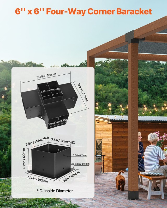 VEVOR 6x6" Pergola Bracket Kit Inner 5.5x5.5 4-Way Woodworks DIY Post 2 pcs gallery