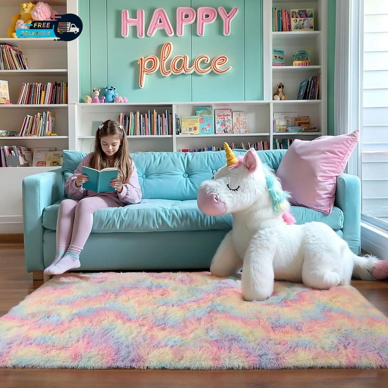 Washable 4X6 Rainbow Fluffy Shaggy Area Rugs Kawaii Princess Soft Plush Carpet gallery