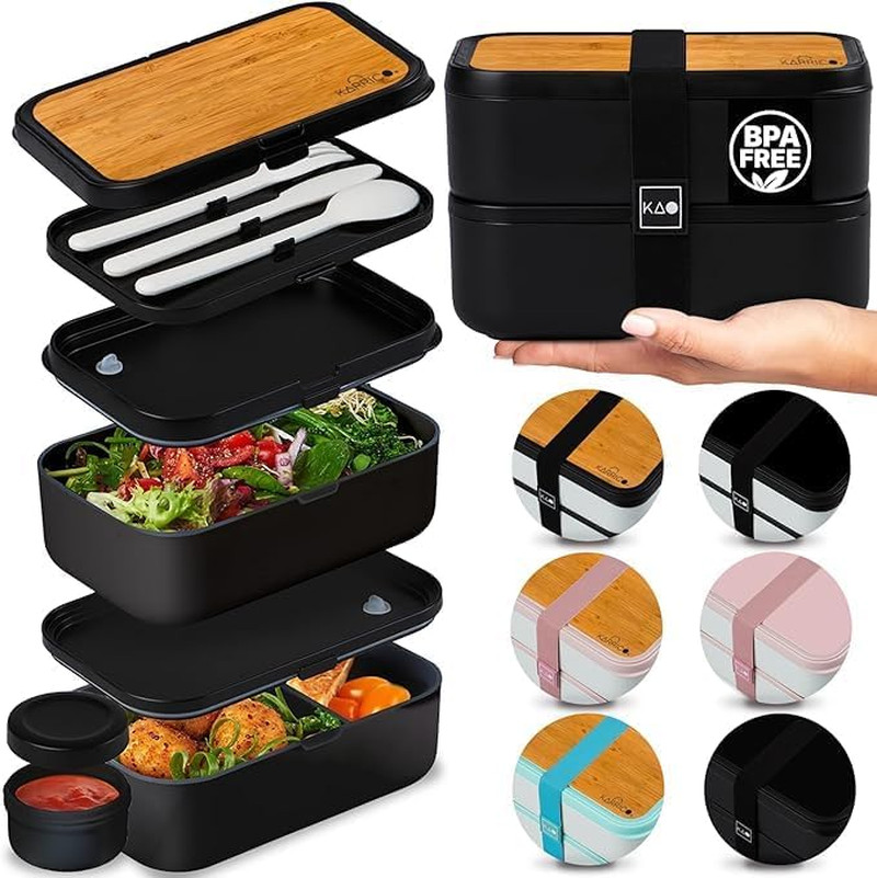 Double Premium Bento Box , 67 Fl Oz Bpa-Free - Black Stackable Lunch Box with Le gallery