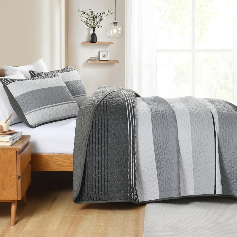 Black and White Boho Quilt Set Queen, Grey Striped Bedspread Queen Size..... gallery