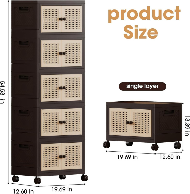Foldable Plastic Storage Cabinet with Wheels, Rattan-Style Doors, Stackable Orga gallery