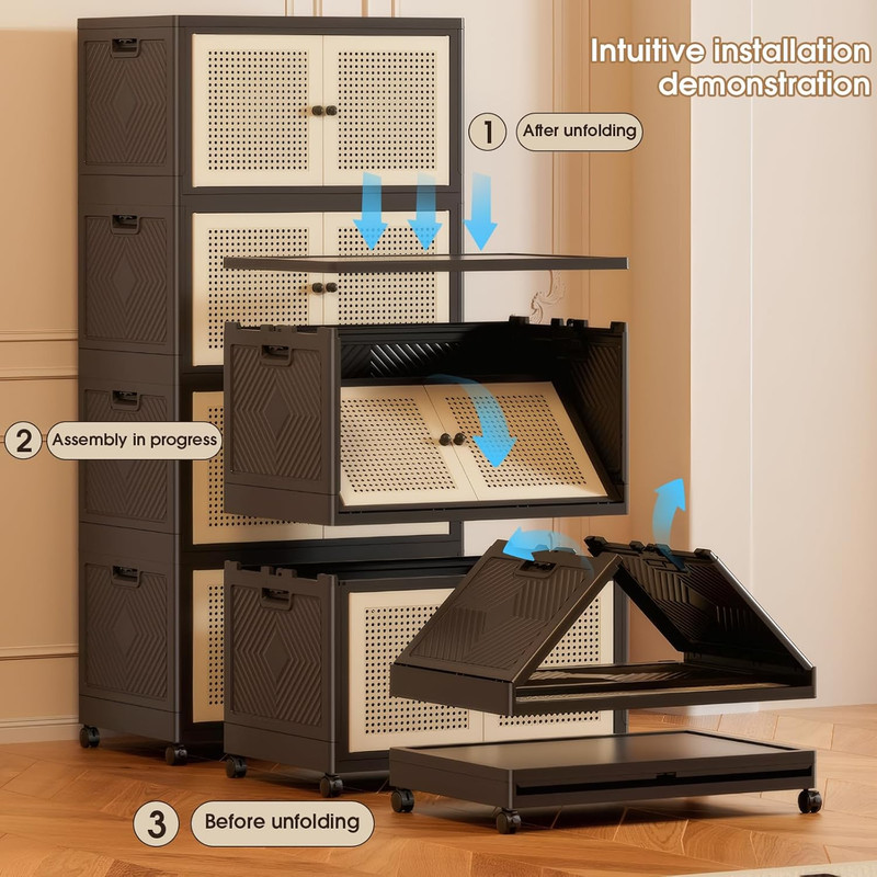 Foldable Plastic Storage Cabinet with Wheels, Rattan-Style Doors, Stackable Orga gallery