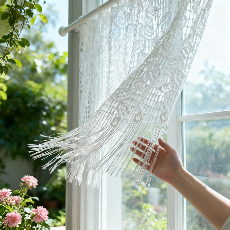 1 Panel White Lace Leaf Pattern Sheer Curtain Valance for Kitchen Small Window R gallery