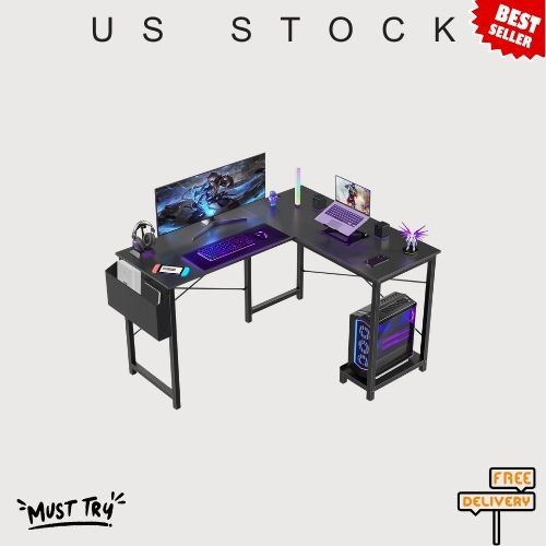 L Shaped Desk 50 Inch Corner Computer Gaming Desk with CPU Stand Side Bag Black gallery